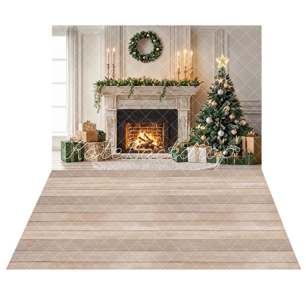 Kate Christmas Tree White Fireplace Gift Box Backdrop+Light Brown Wooden Floor Backdrop