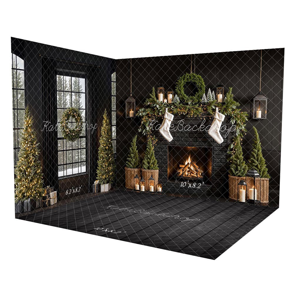 Conjunto de habitación con chimenea de árbol de Navidad negro