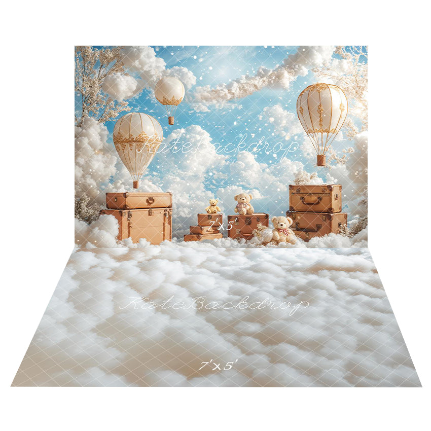 Kate Hot Air Balloons Clouds Travel Sky Backdrop+Fluffy White Clouds Floor Backdrop