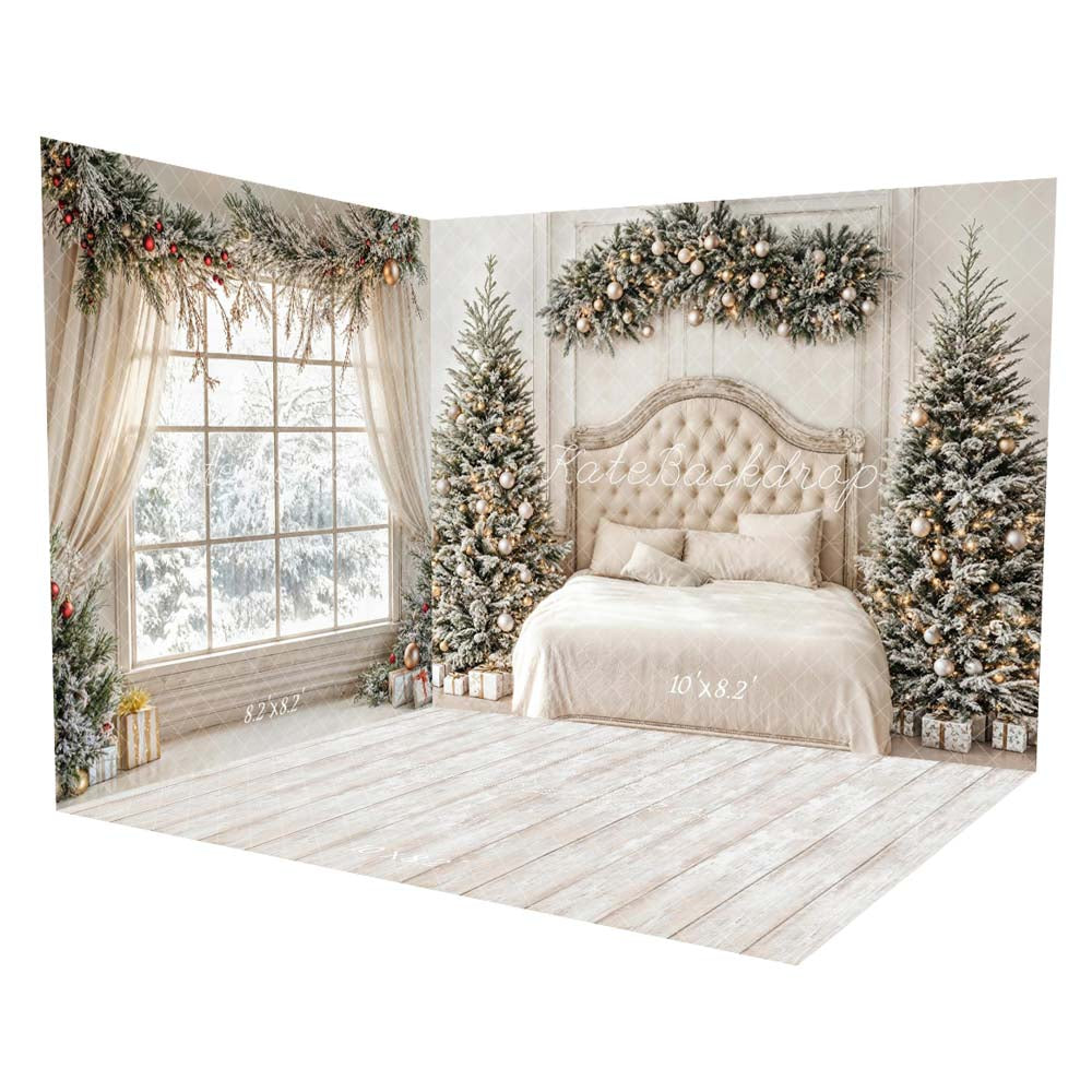 Cabecero de Árbol de Navidad Upholstered Juego de Habitación con Cortinas Blancas