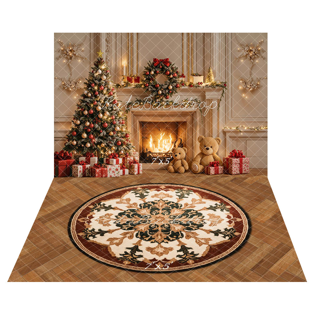 Fondo de Pared Retro Blanco de Árbol de Navidad y Chimenea + Fondo de Suelo de Alfombra Floral Retro Redonda