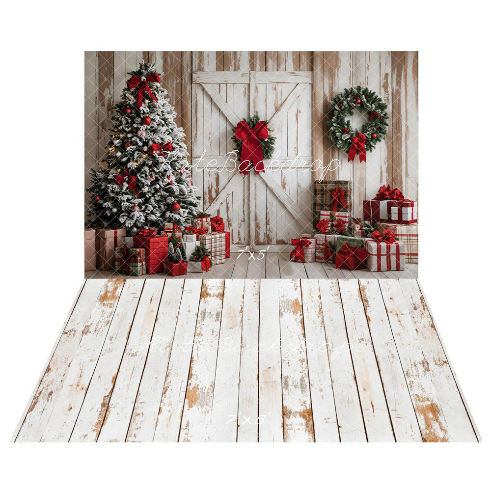 Fondo de regalos de puerta de árbol de Navidad + fondo de piso de madera blanca rústica