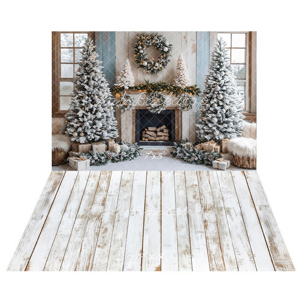 TEST Kate Christmas Tree Fireplace Snow Backdrop+White Retro Wood Floor Backdrop