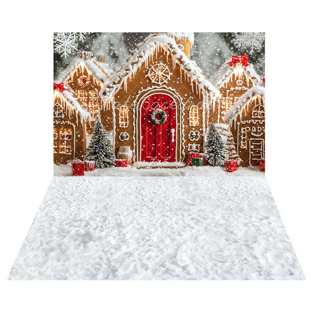 TEST Kate Christmas Gingerbread Houses Snowy Backdrop+Winter Snow Floor Backdrop