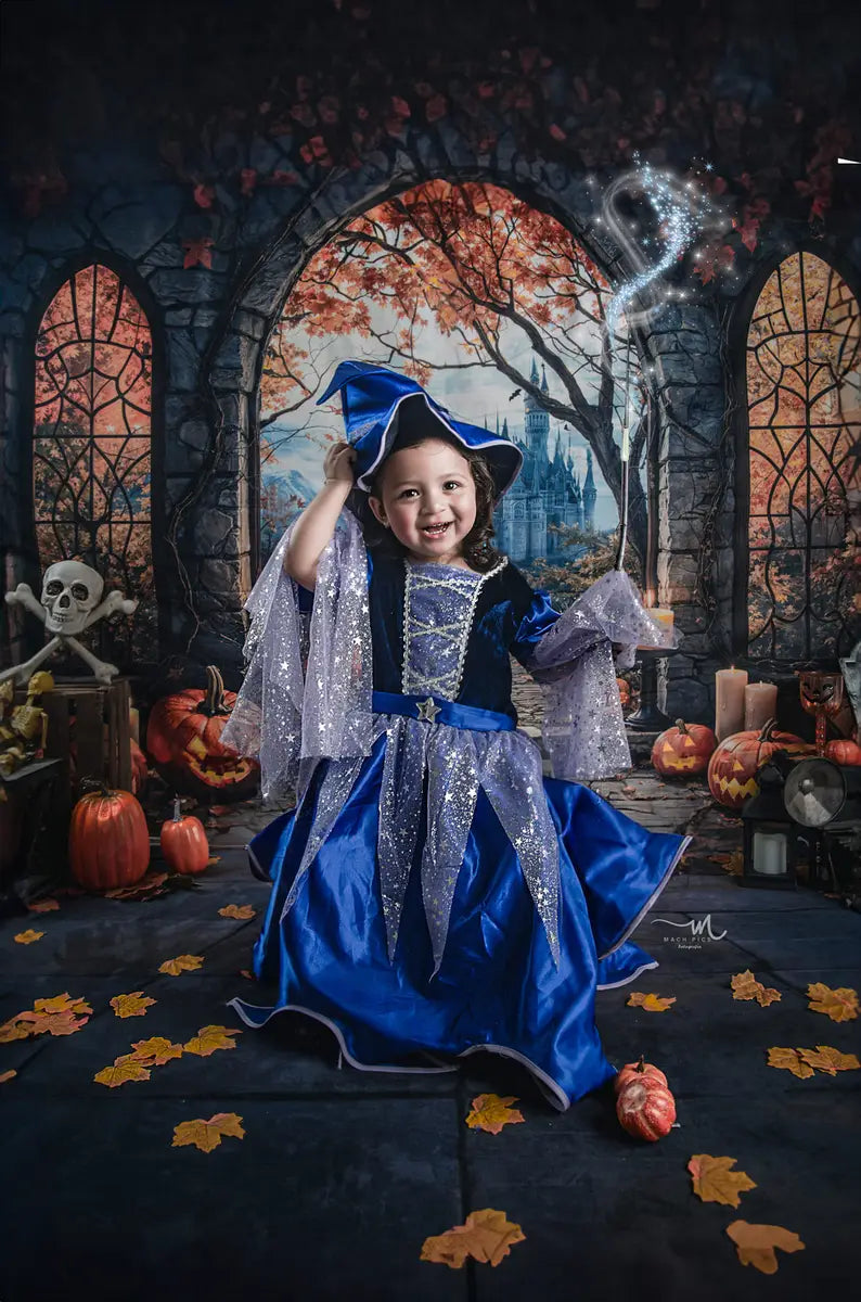 Kate Halloween Arch Maple Castle Pumpkin Backdrop+Stone Pavement Floor Backdrop