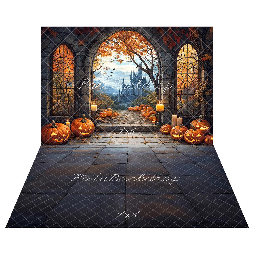 TEST Kate Halloween Arch Maple Castle Pumpkin Backdrop+Stone Pavement Floor Backdrop