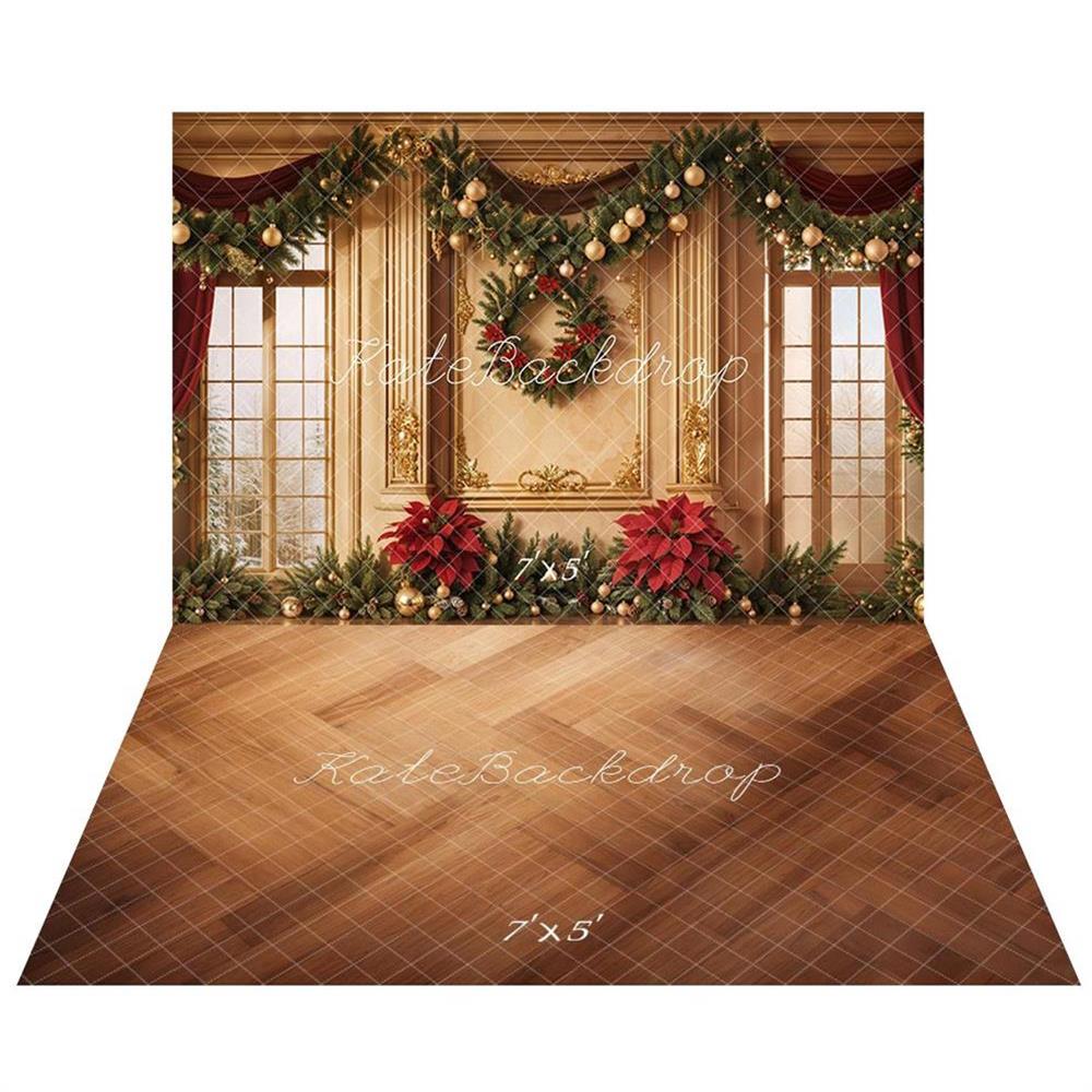 TEST Kate Christmas Window Poinsettia Curtains Backdrop+Wooden Texture Floor Backdrop