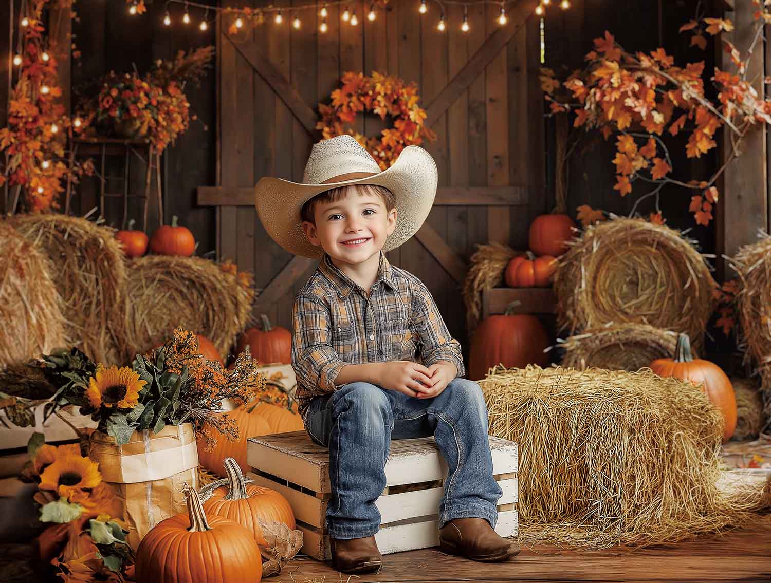 Kate Fall Barn Door Hay Bale Backdrop Designed by Emetselch