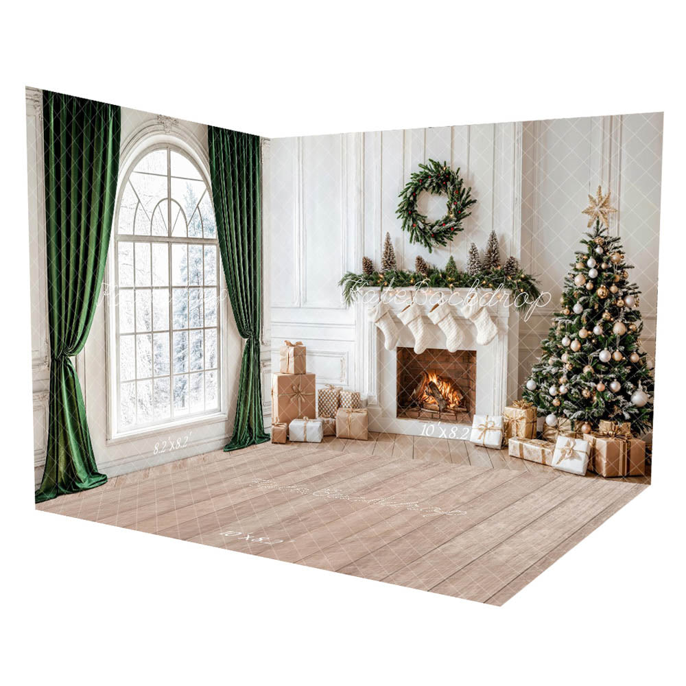 Kate Christmas White Fireplace Green Curtain Arch Window Room Set