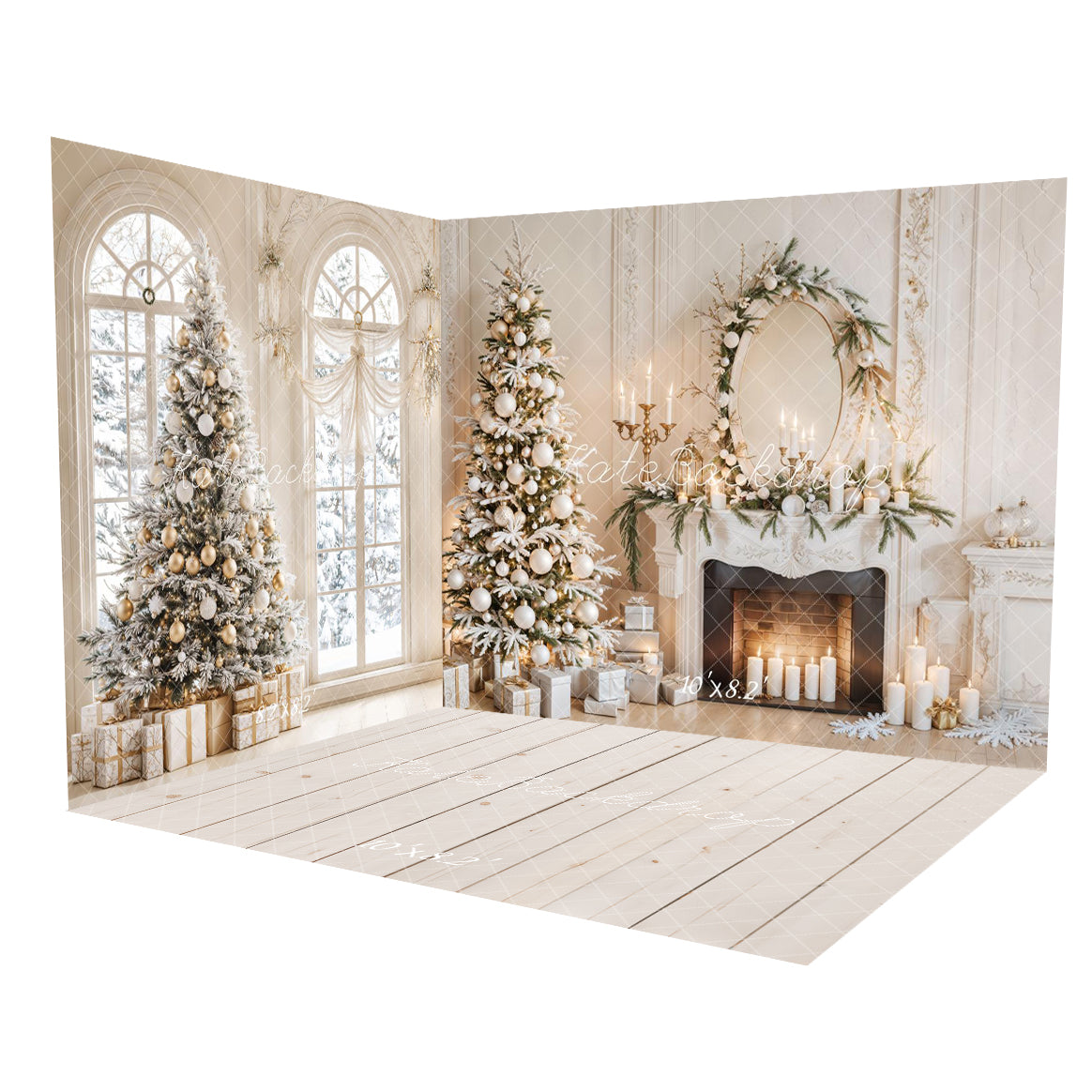 Árbol de Navidad Blanco Retro Chimenea Ventana Arco Vintage Conjunto de Habitación