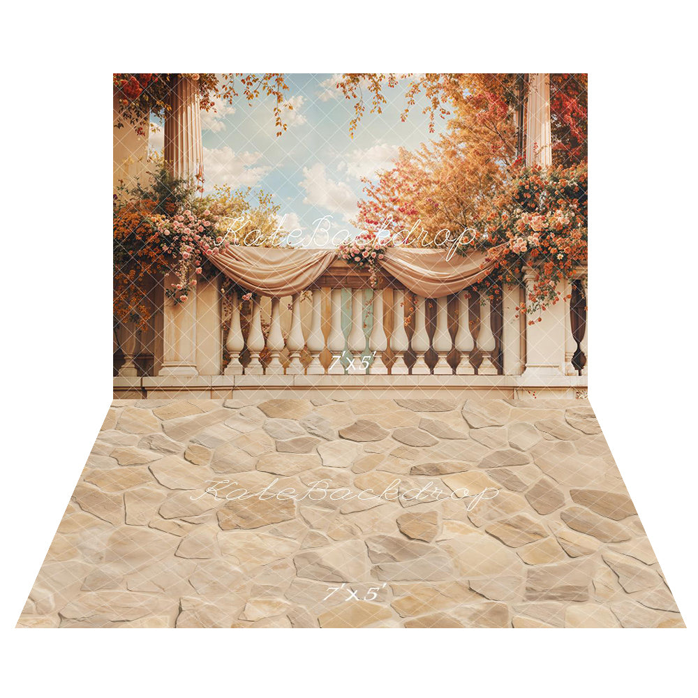 Kate Fall Fine Art Floral Flower Balcony Backdrop+Beige Stone Texture Floor Backdrop