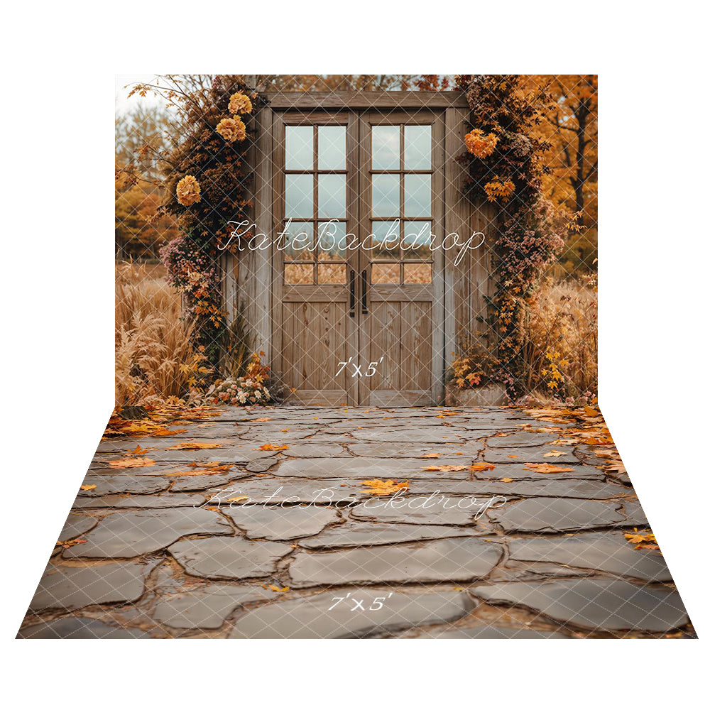 Fall Flower Vintage Wooden Door Foto Achtergrond+Fall Leaves and Gray Cobblestone Road Floor Backdrop