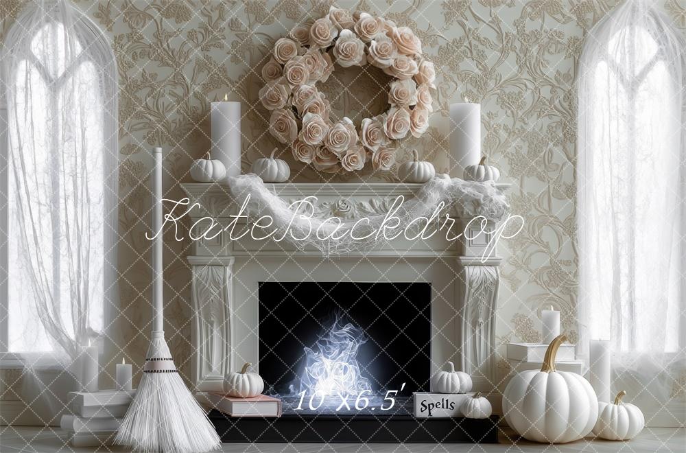 Kate Halloween Witch White Pumpkin Vintage Fireplace Backdrop Designed by Mini MakeBelieve