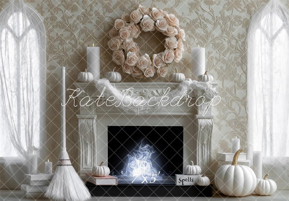 Kate Halloween Witch White Pumpkin Vintage Fireplace Backdrop Designed by Mini MakeBelieve