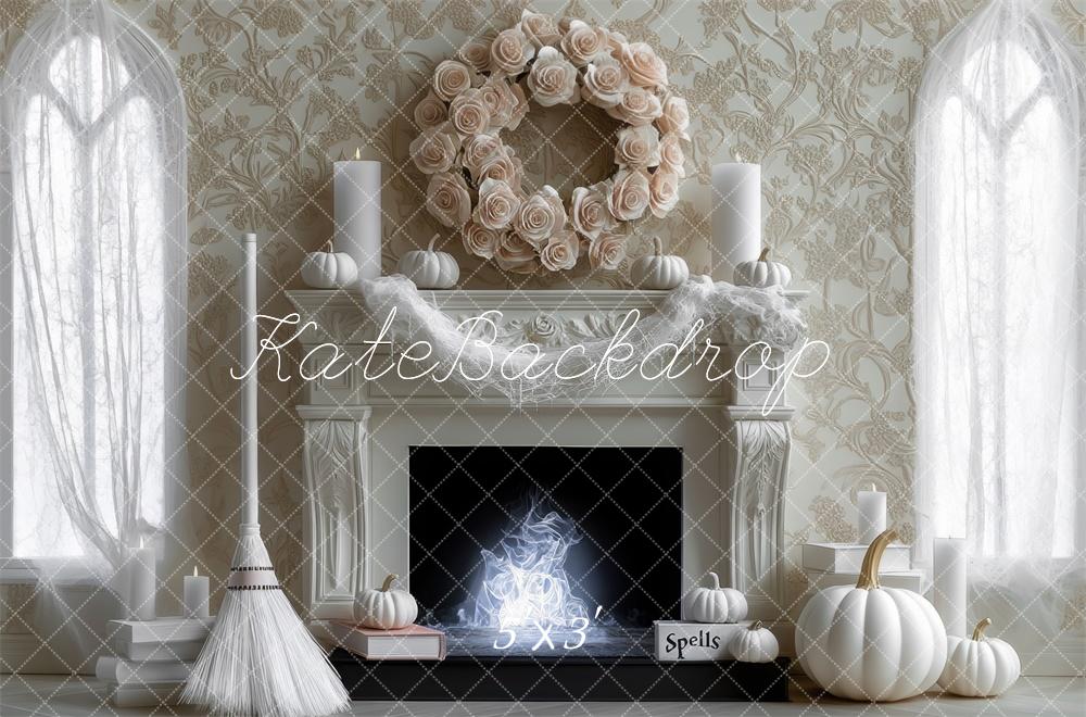 Kate Halloween Witch White Pumpkin Vintage Fireplace Backdrop Designed by Mini MakeBelieve