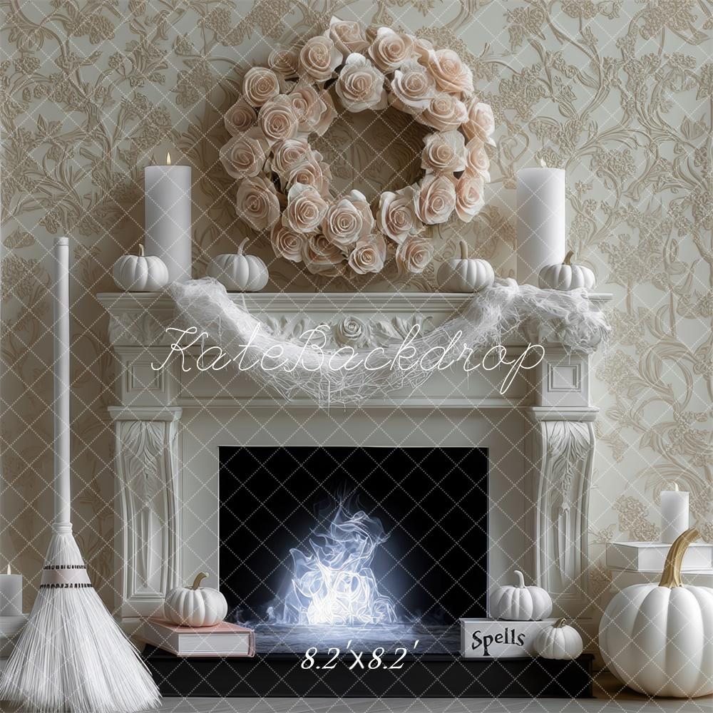 Kate Halloween Witch White Pumpkin Vintage Fireplace Backdrop Designed by Mini MakeBelieve