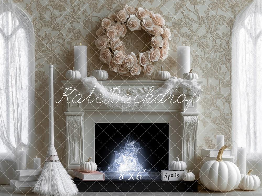 Kate Halloween Witch White Pumpkin Vintage Fireplace Backdrop Designed by Mini MakeBelieve