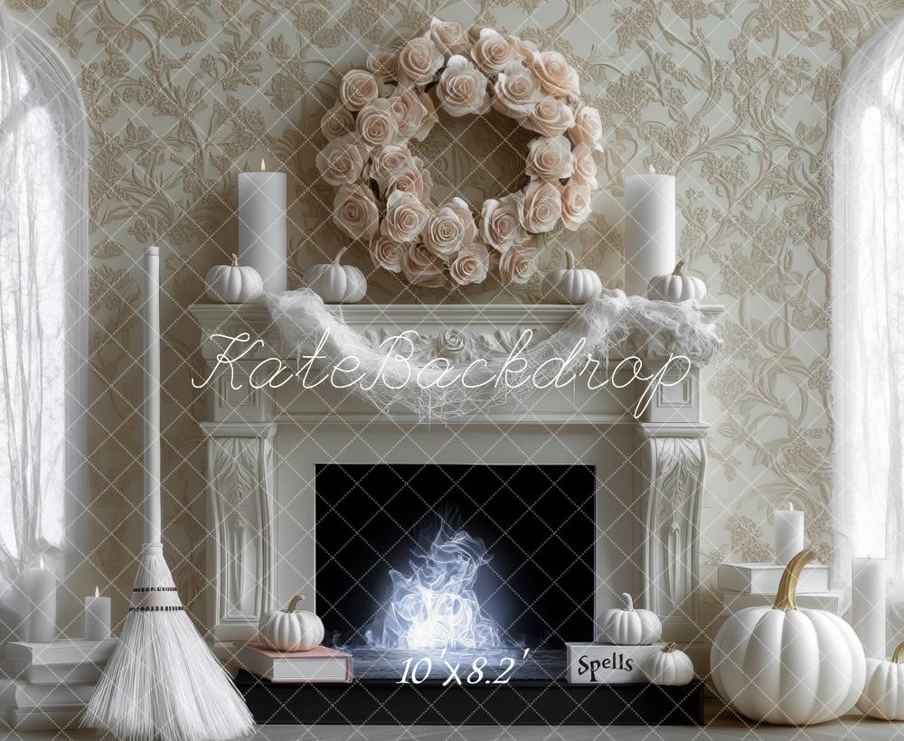 Kate Halloween Witch White Pumpkin Vintage Fireplace Backdrop Designed by Mini MakeBelieve