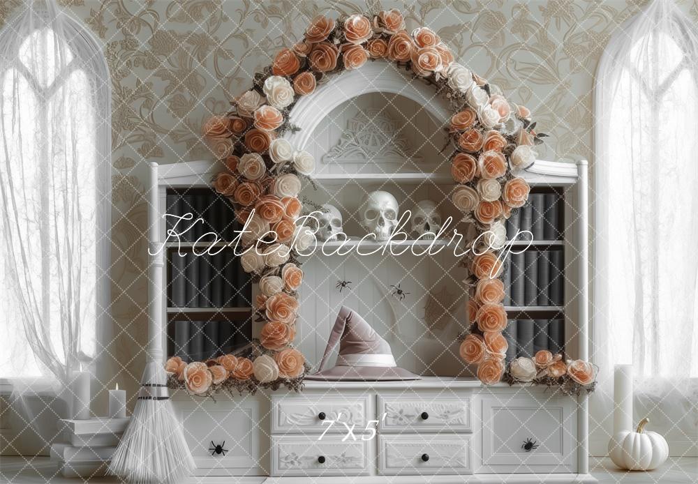 Kate Witch Floral Arch White Bookcase Backdrop Designed by Mini MakeBelieve