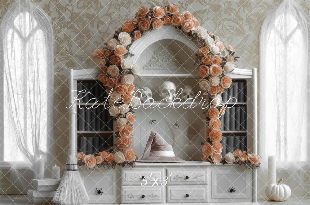 Kate Witch Floral Arch White Bookcase Backdrop Designed by Mini MakeBelieve