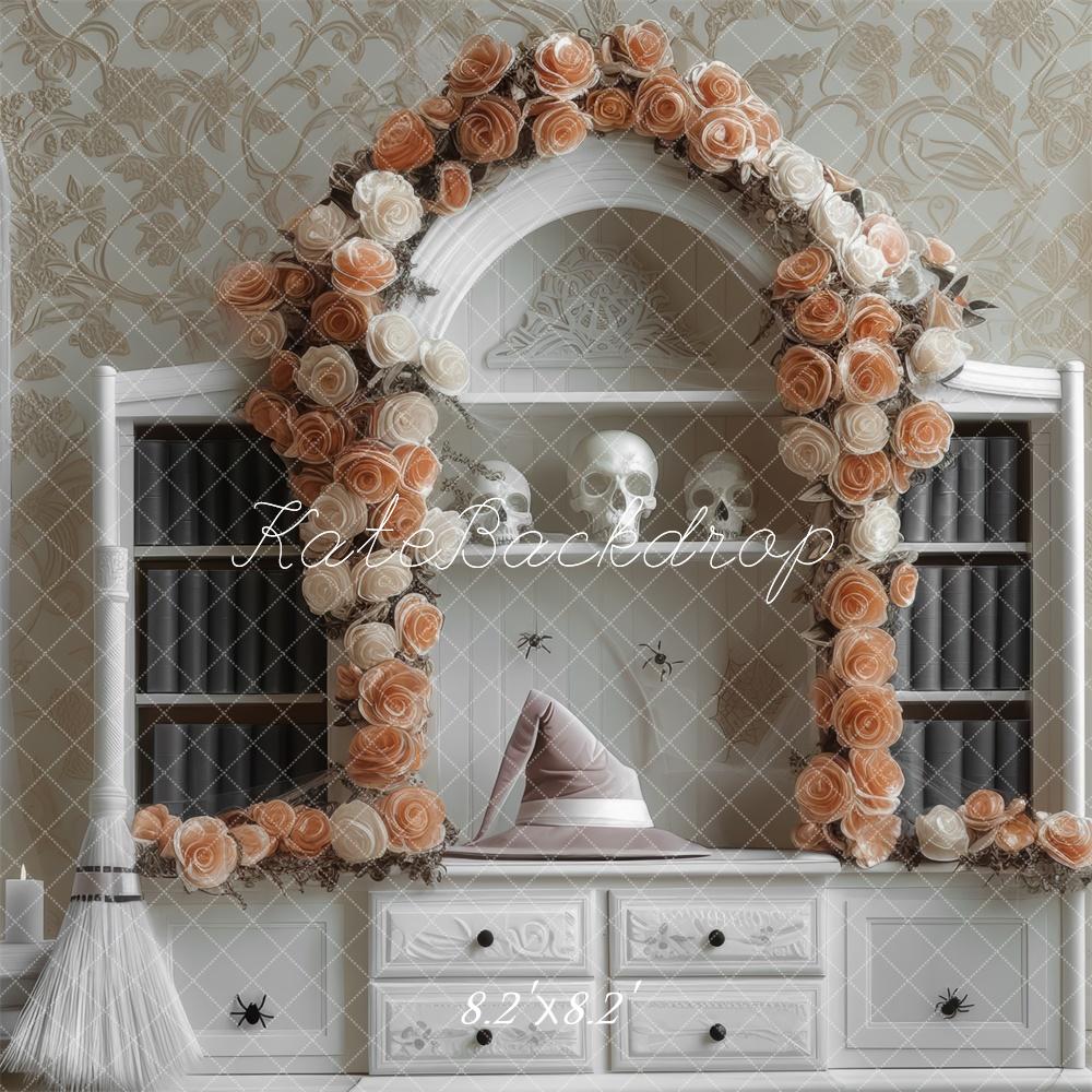 Kate Witch Floral Arch White Bookcase Backdrop Designed by Mini MakeBelieve