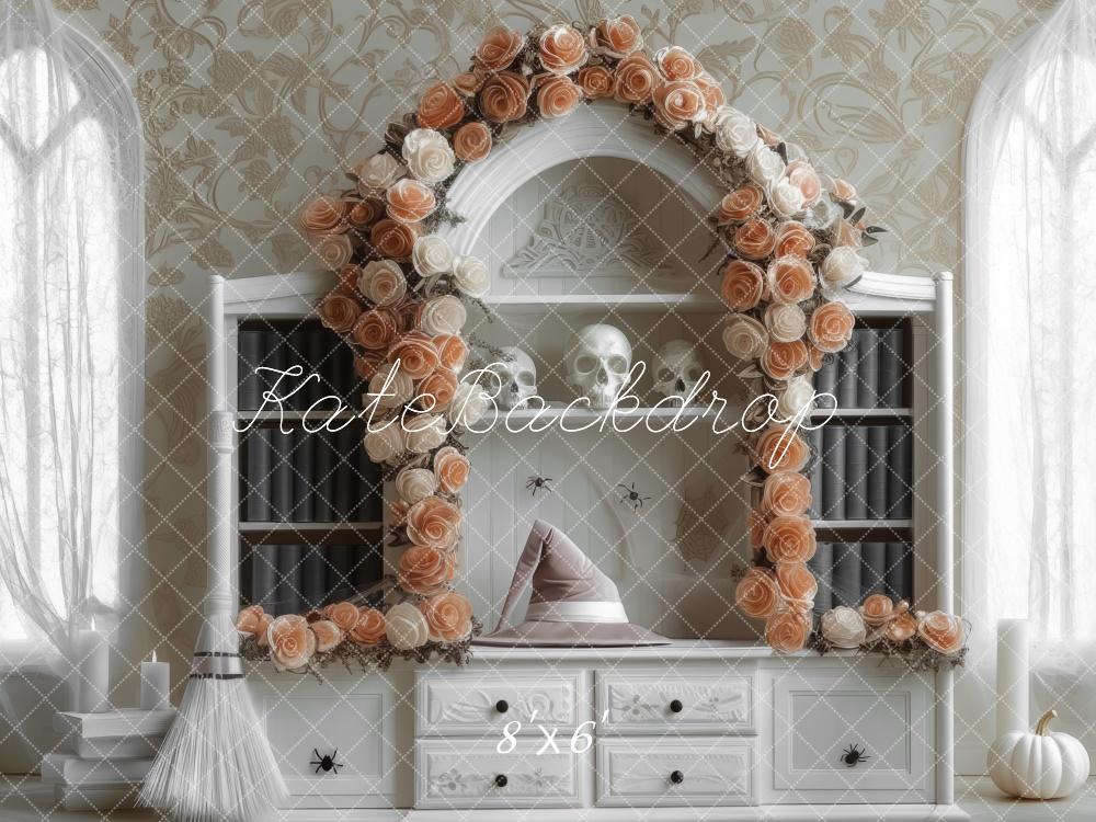 Kate Witch Floral Arch White Bookcase Backdrop Designed by Mini MakeBelieve