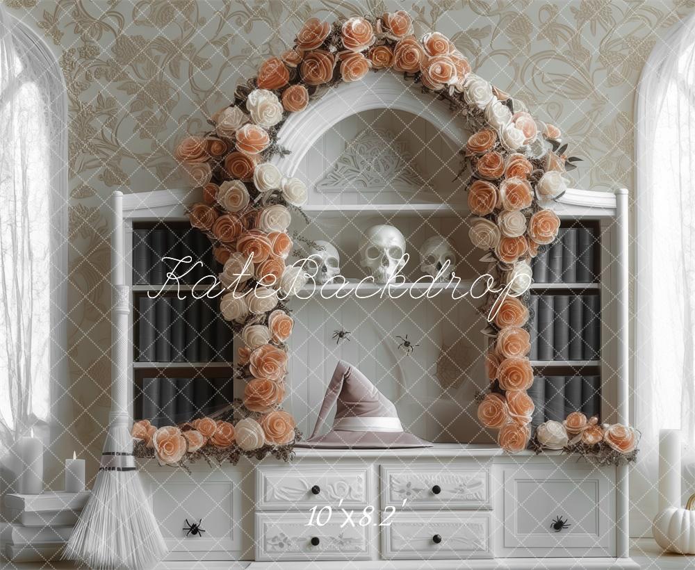 Kate Witch Floral Arch White Bookcase Backdrop Designed by Mini MakeBelieve