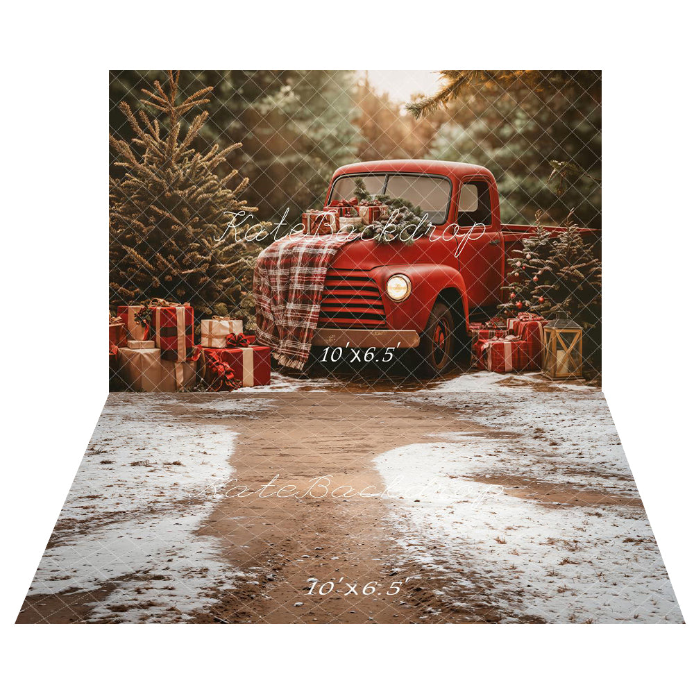 Kate Christmas Red Truck Plaid Forest Backdrop+Winter Snowy Path Floor Backdrop