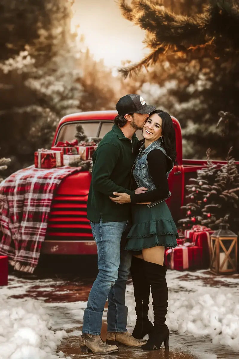 Kate Christmas Red Truck Plaid Forest Backdrop+Winter Snowy Path Floor Backdrop