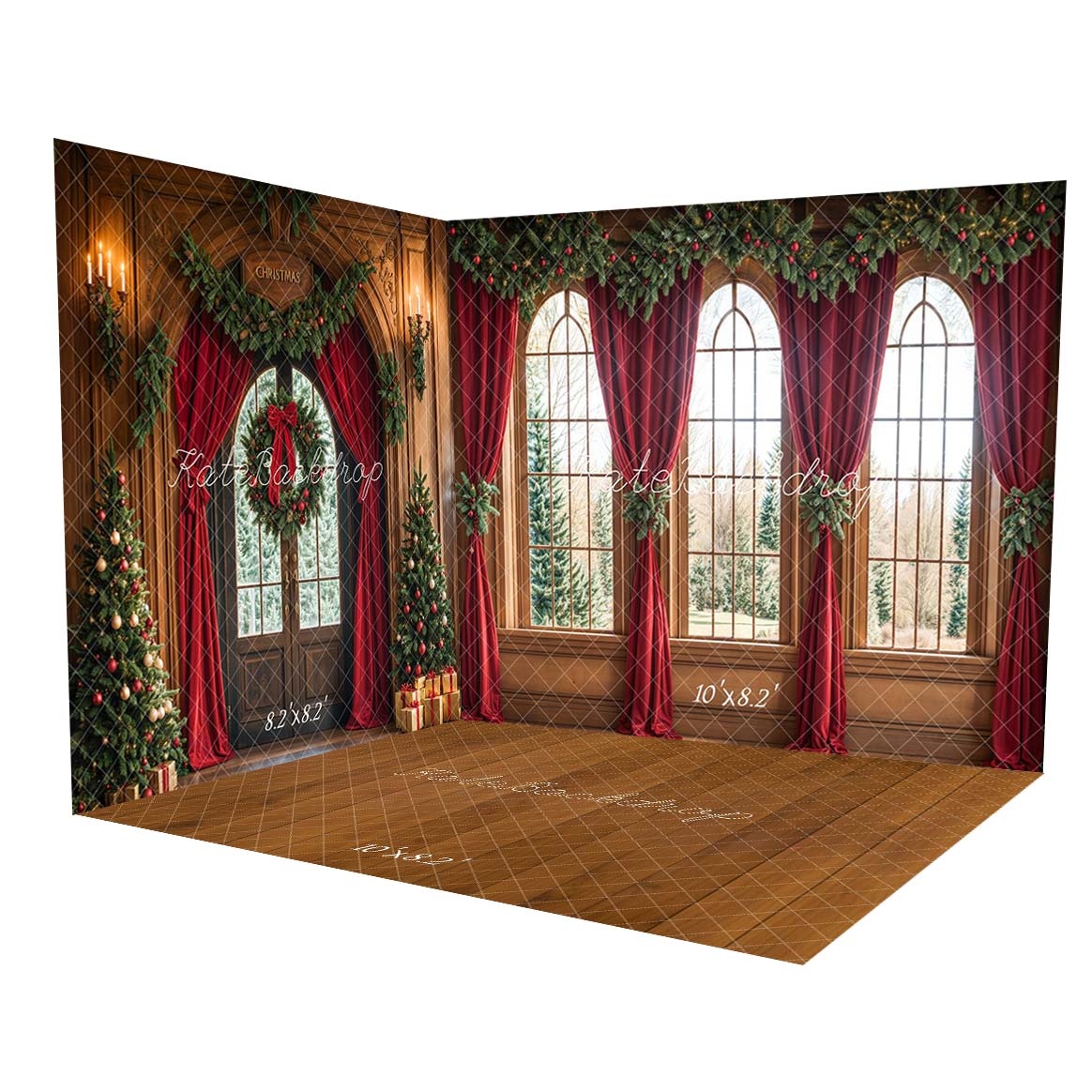 Kate Christmas Arched Window Red Curtains Room Set