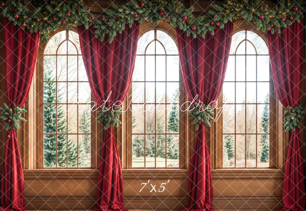 Kerst Arched Window Red Curtains Foto Achtergrond Designed by Emetselch