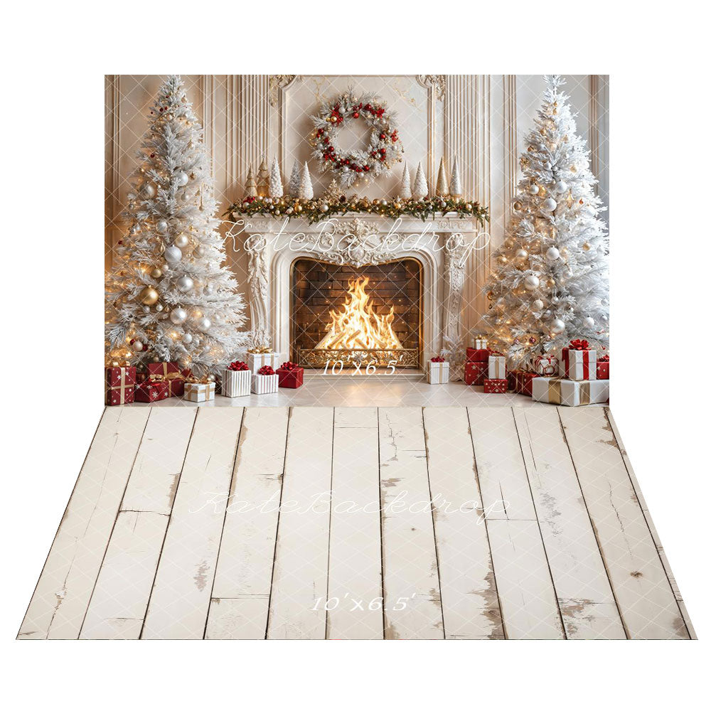 Kate Christmas Fireplace White Trees Gifts Backdrop+Rustic White Wood Floor Backdrop