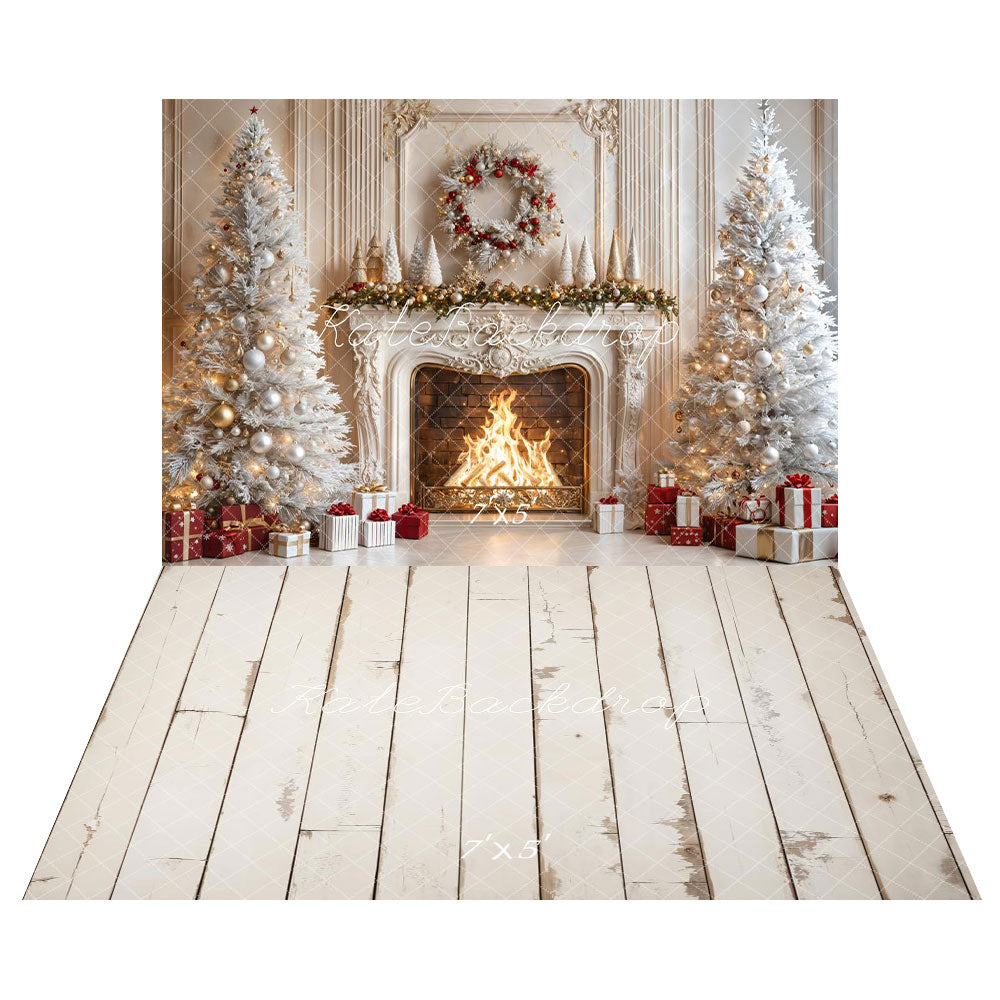 Kate Christmas Fireplace White Trees Gifts Backdrop+Rustic White Wood Floor Backdrop