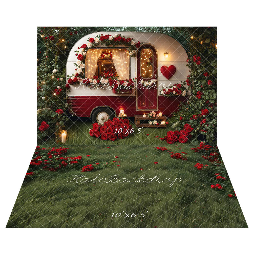 Kate Valentine's Day Romantic Flower Camper Backdrop+Green Grass Red Roses Floor Backdrop