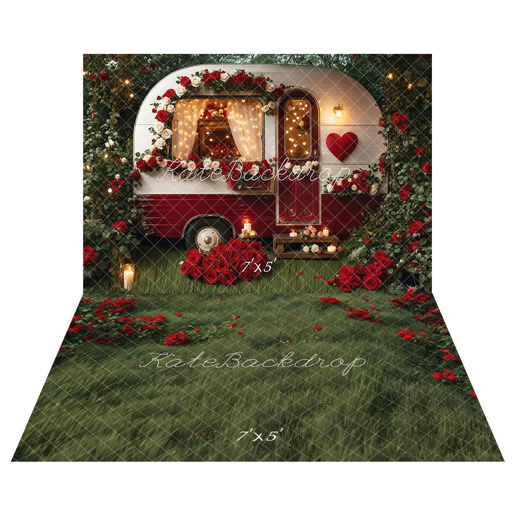 Kate Valentine's Day Romantic Flower Camper Backdrop+Green Grass Red Roses Floor Backdrop