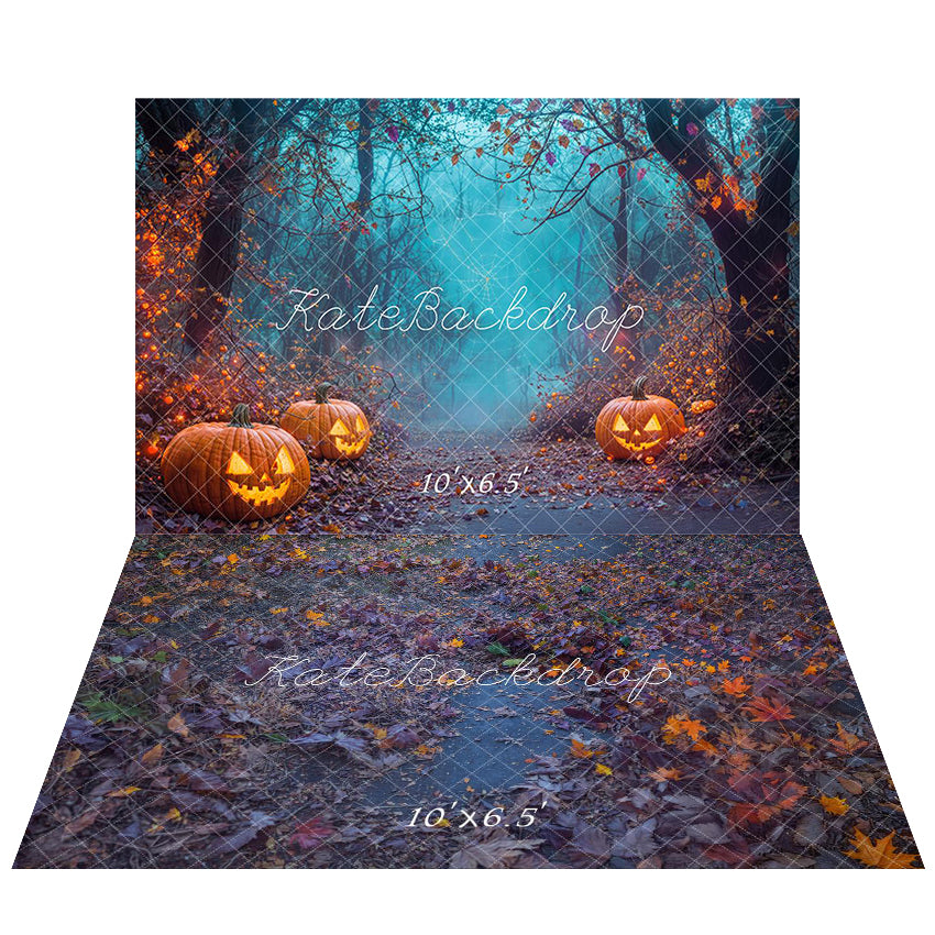 Kate Halloween Pumpkin Lanterns Forest Path Backdrop+Fall Leaves Pathway Floor Backdrop