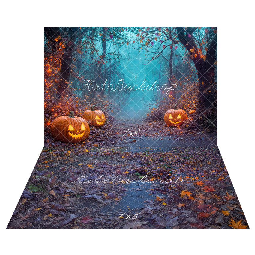 Kate Halloween Pumpkin Lanterns Forest Path Backdrop+Fall Leaves Pathway Floor Backdrop