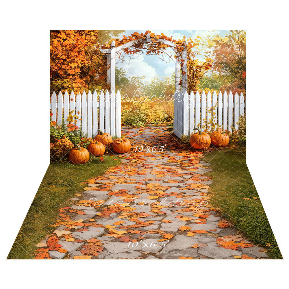 Fall Garden Arch Fence Pumpkin Foto Achtergrond+Fall Leaves Pathway Cobblestone Floor Backdrop