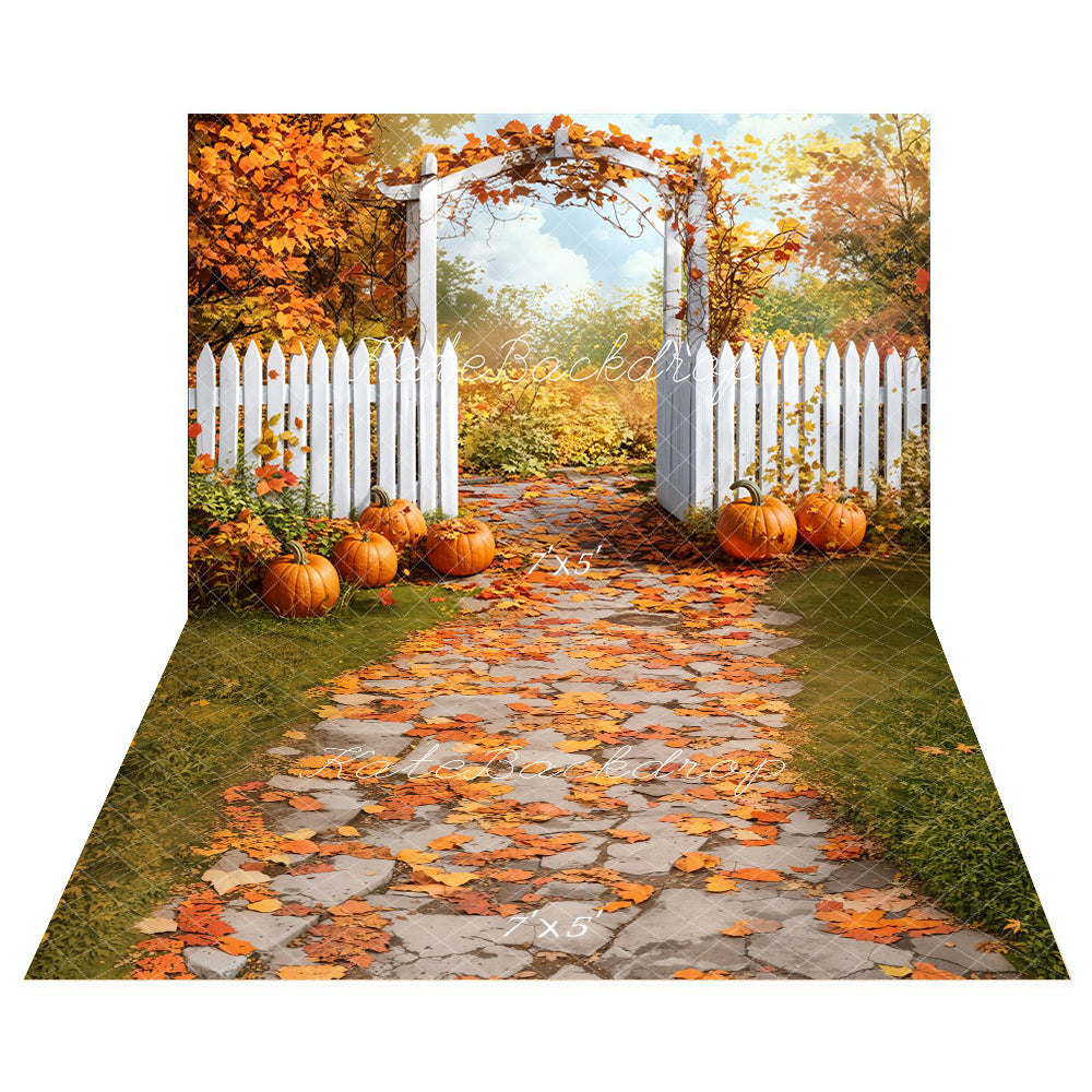 Fall Garden Arch Fence Pumpkin Foto Achtergrond+Fall Leaves Pathway Cobblestone Floor Backdrop