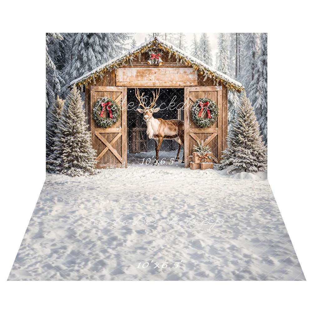 Kate Christmas Reindeer Wooden Barn Cabin Backdrop+Winter Snow Texture Floor Backdrop