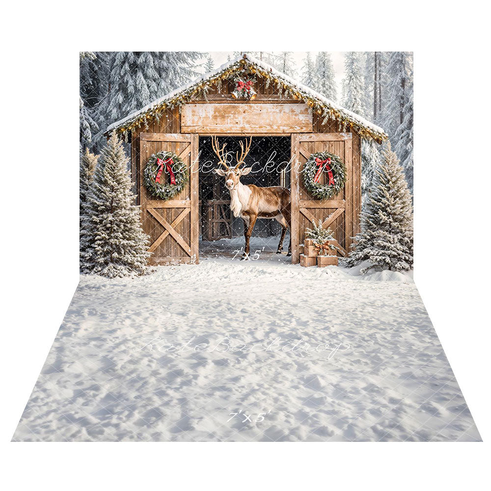 Kate Christmas Reindeer Wooden Barn Cabin Backdrop+Winter Snow Texture Floor Backdrop