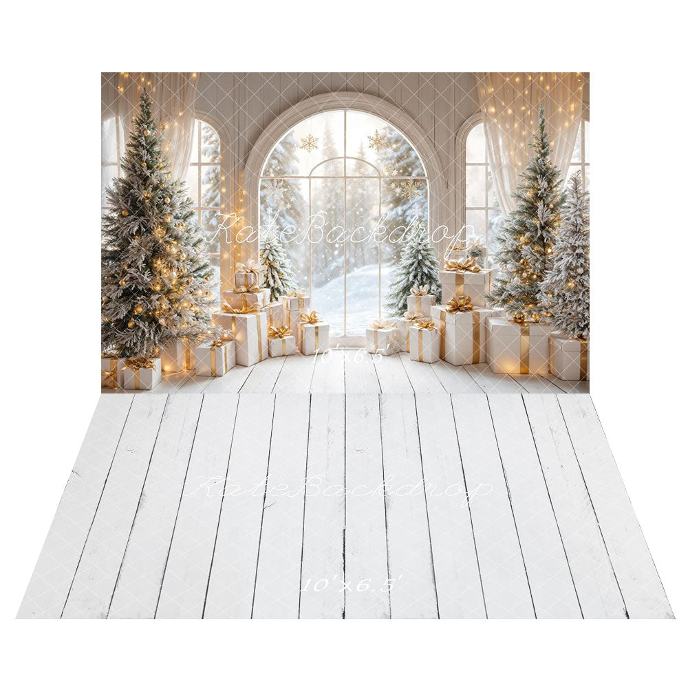 Kate White Arch Window With Christmas Tree Gifts Backdrop+Cream Wood Floor Backdrop