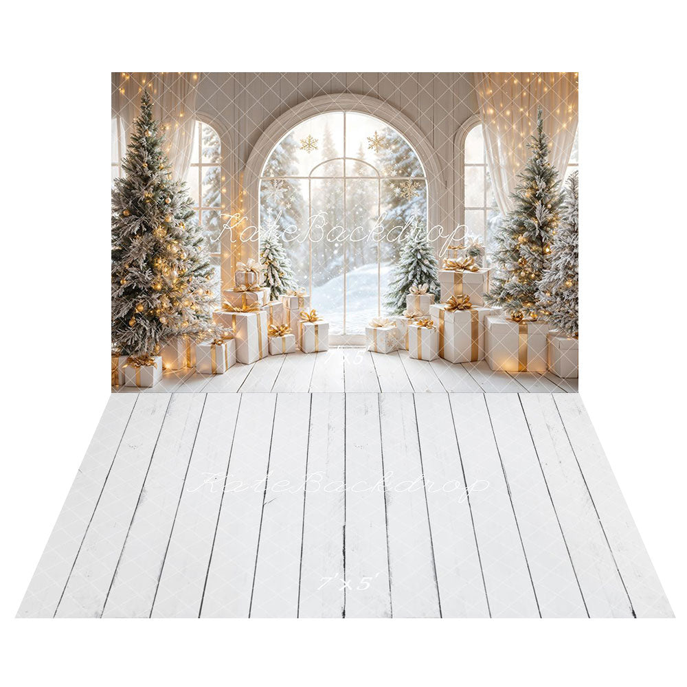 Kate White Arch Window With Christmas Tree Gifts Backdrop+Cream Wood Floor Backdrop