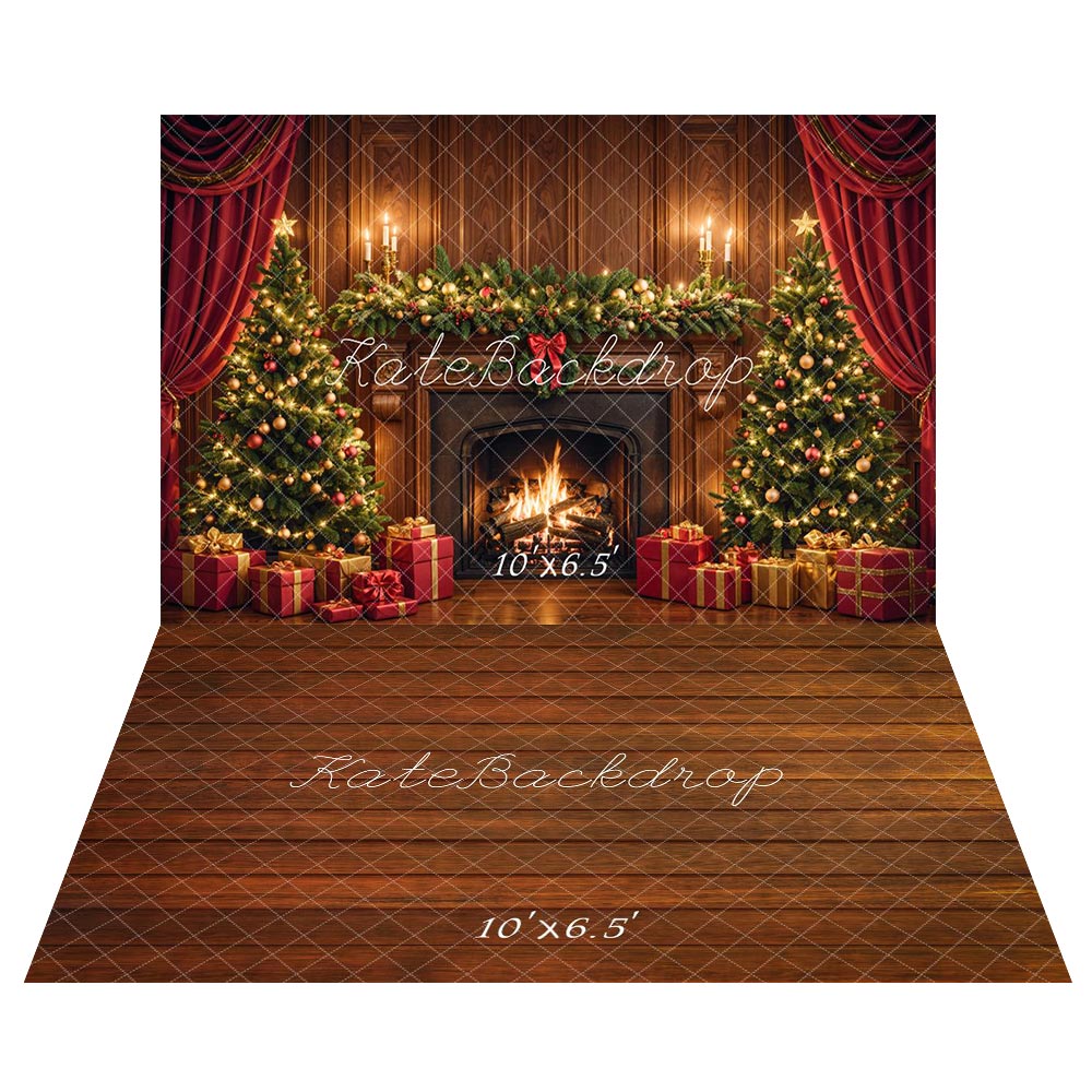 Kate Christmas Fireplace Tree Brown Retro Wall Backdrop+Brown Wood Texture Floor Backdrop