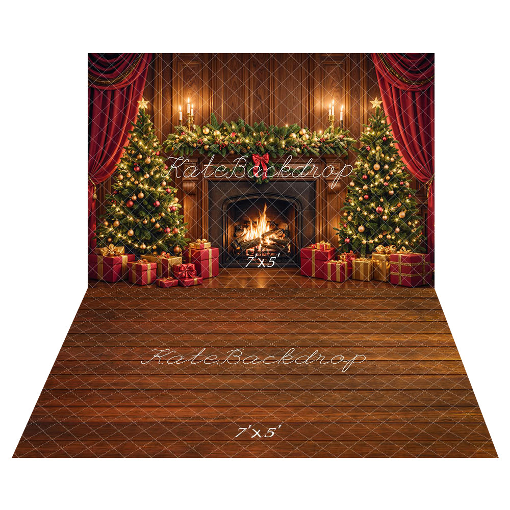 Kate Christmas Fireplace Tree Brown Retro Wall Backdrop+Brown Wood Texture Floor Backdrop