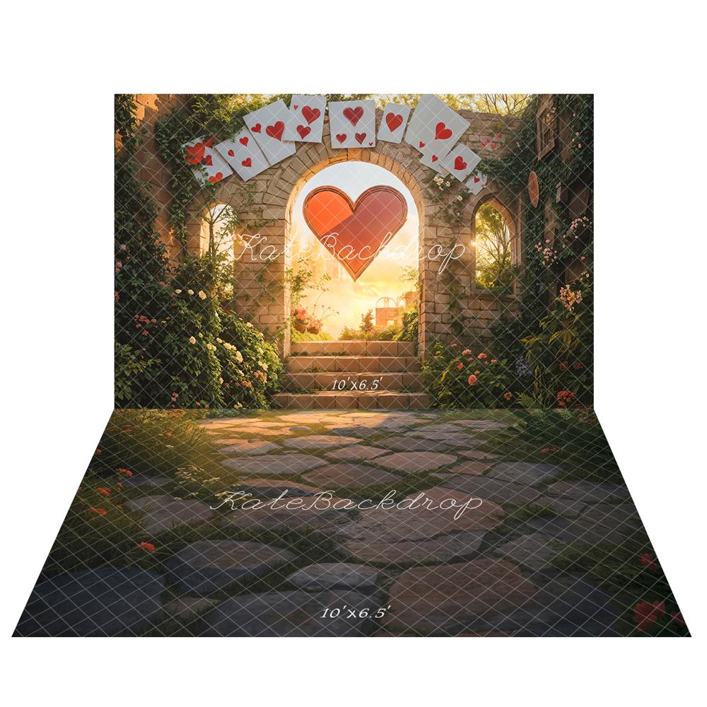 Kate Valentine's Day Heart Brick Arch Wall With Poker Backdrop+Stone Pathway Garden Floor Backdrop