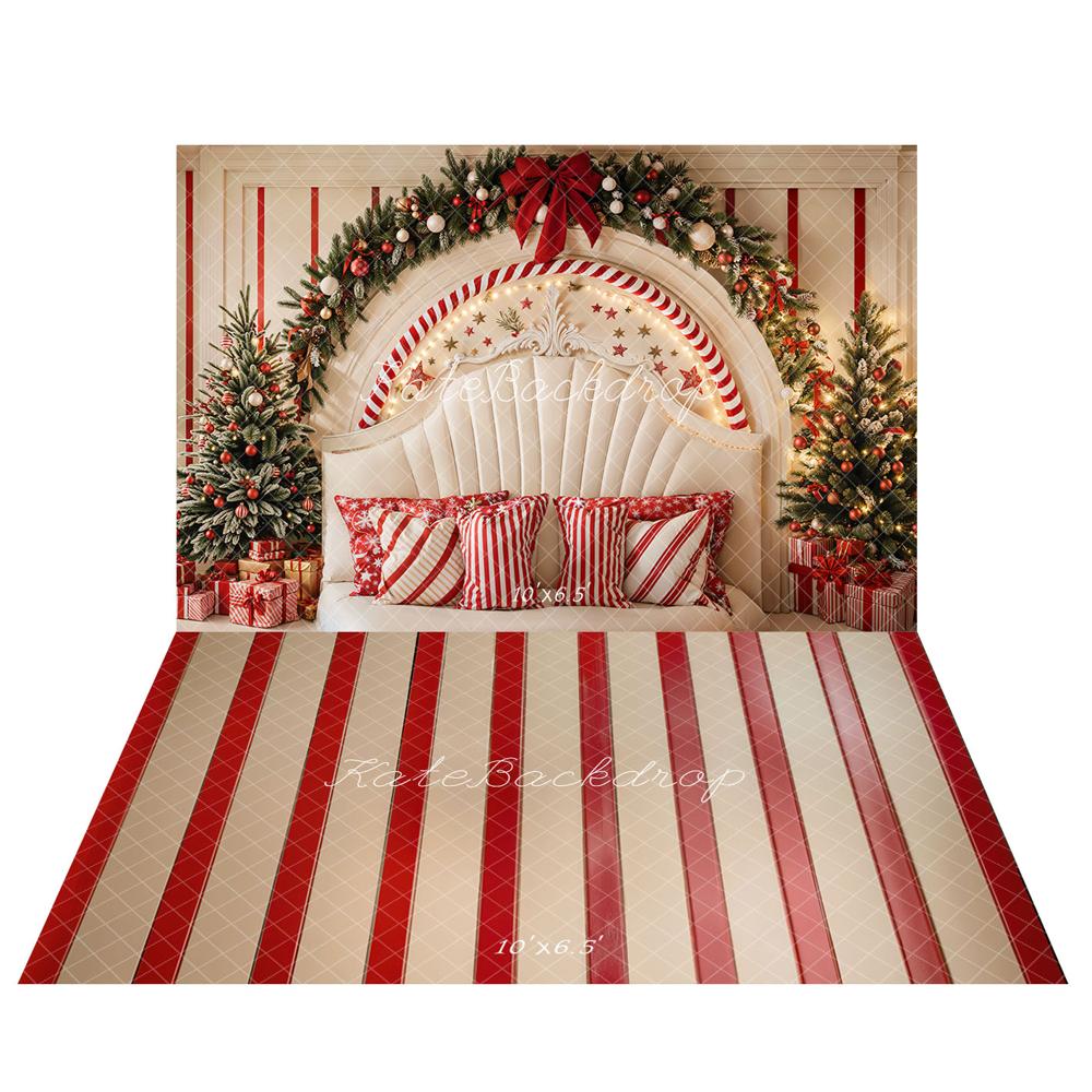 Kate Christmas Candy Cane Arch Headboard Upholstered  Backdrop+Red Striped Vintage Floor Backdrop