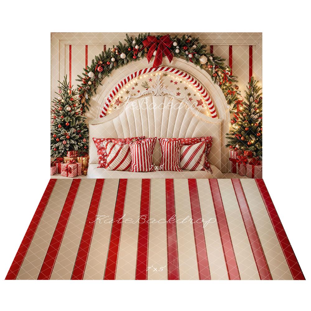 Kate Christmas Candy Cane Arch Headboard Upholstered  Backdrop+Red Striped Vintage Floor Backdrop