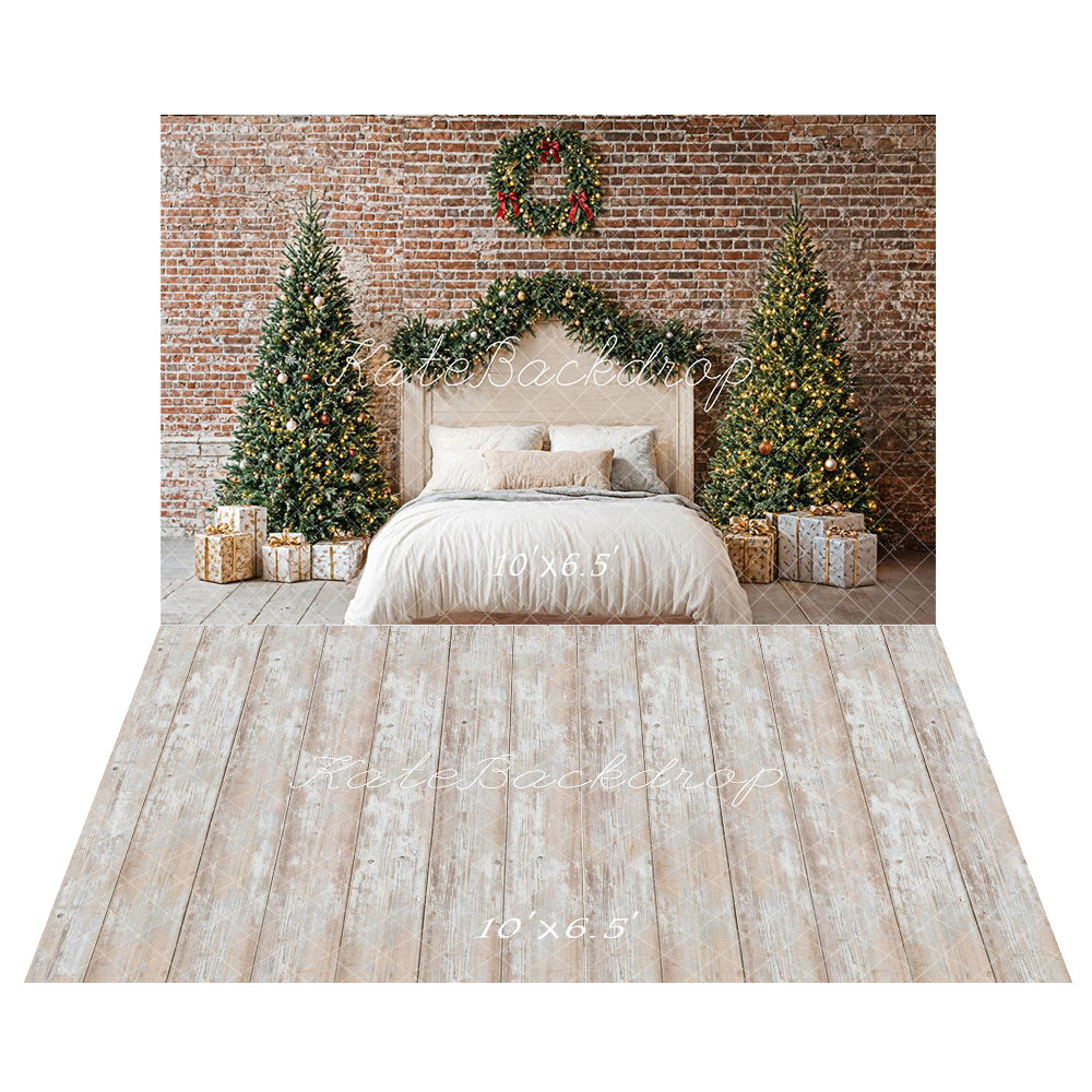 Kate Christmas Bedroom Brick Wall Backdrop+Rustic Wooden Plank Floor Backdrop