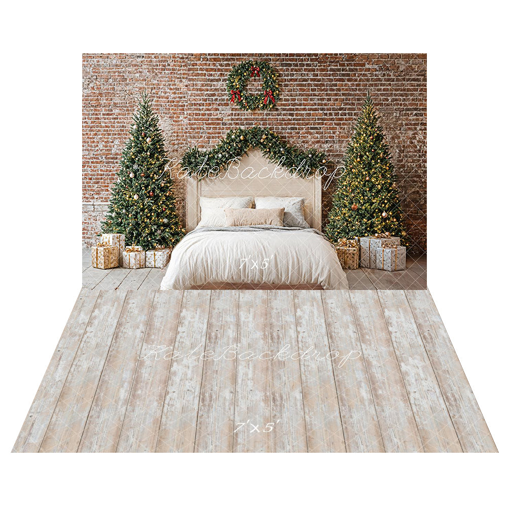 Kate Christmas Bedroom Brick Wall Backdrop+Rustic Wooden Plank Floor Backdrop